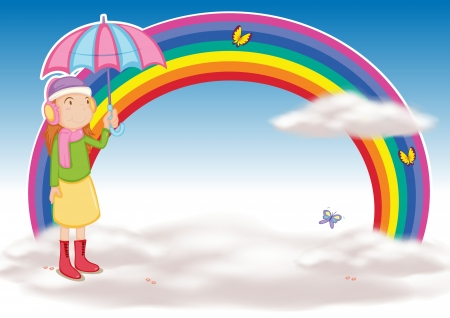 illustration of a girl with umbrella and rainbowのイラスト素材