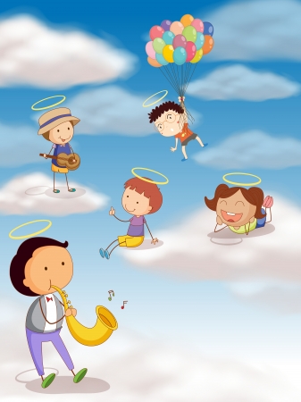 illustration of a kids playing with balloons in the skyのイラスト素材
