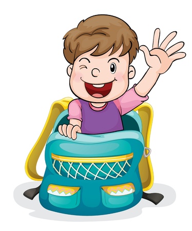 illustration of a boy in the school bag on a white backgroundのイラスト素材