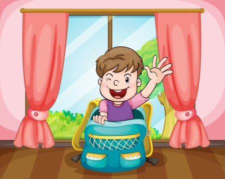 illustration of a boy sitting in school bag のイラスト素材