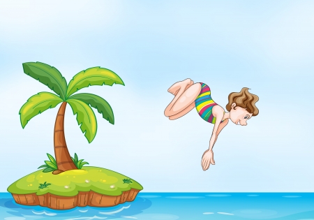 illustration of a palm tree and girl diving on a islandのイラスト素材