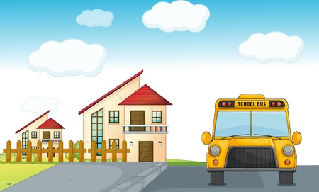 illustration of a school bus and building on roadのイラスト素材