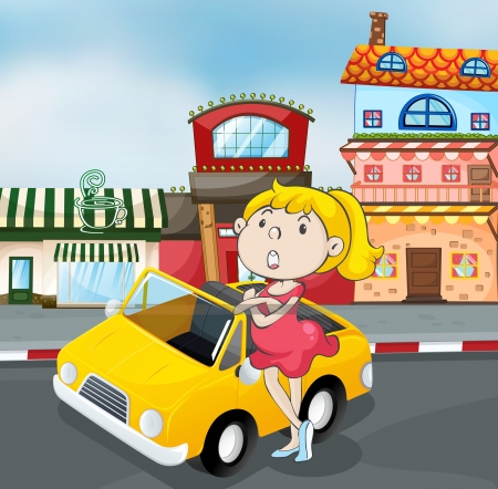 illustration of a girl near car infront of cafeのイラスト素材