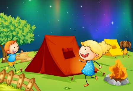 illustration of kids near fire in dark nightのイラスト素材