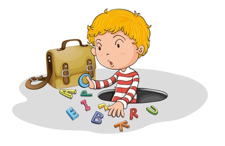 illustration of alphabets and boy on a white backgroundのイラスト素材