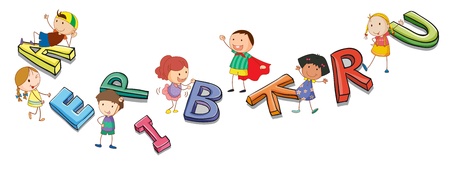 illustration of a kids playing with alphabetsのイラスト素材