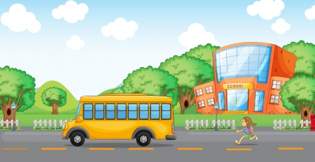 illustration of a girl running behind school bus infront of schoolのイラスト素材