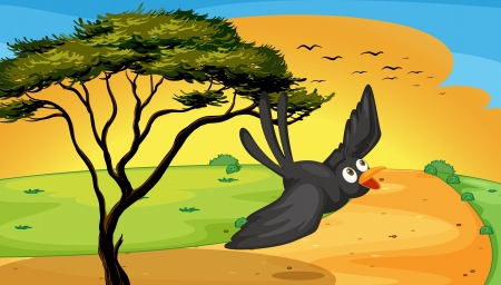 illustration of a bird flying near the treeのイラスト素材