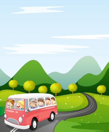 illustration of a kids in a bus in a beautiful natureのイラスト素材