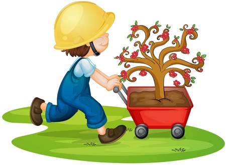 illustration of a boy carrying tree in a trolleyのイラスト素材