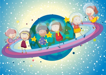 illustration of a kids on saturn planet in the universeのイラスト素材