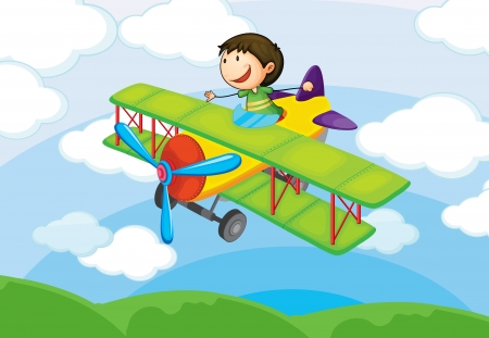 illustration of a boy on a aircraft in the skyのイラスト素材