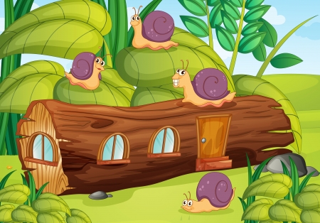 illustration of snails and house in a beautiful natureのイラスト素材