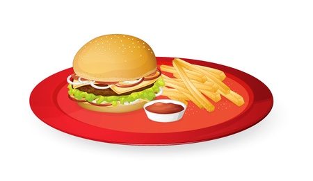 illustration of fingerchips and burger in a red dishのイラスト素材