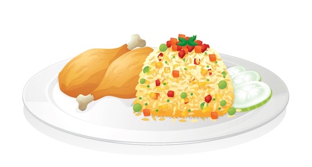 illustration of chicken with salad in red dishのイラスト素材