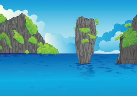 illustration of a beautiful water landscape and stoneのイラスト素材