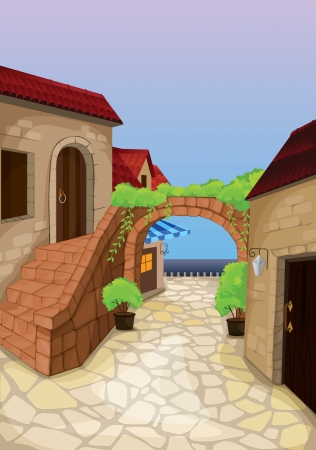 illustration of a colony of houses with artistic gateのイラスト素材