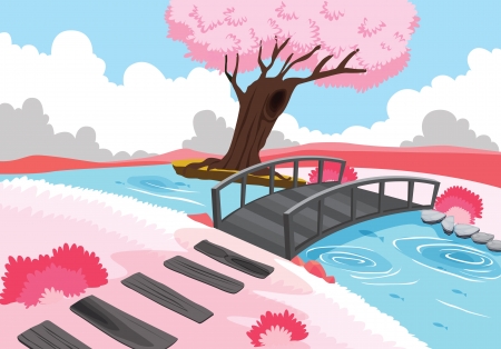 illustration of beautiful landscape and pink treeのイラスト素材