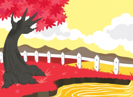 illustration of beautiful landscape and red treeのイラスト素材
