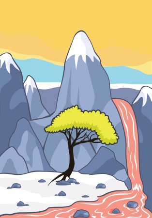 illustration of a beautiful waterfall and mountainsのイラスト素材