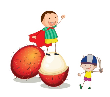 illustration of boys and fruit on a white backgroundのイラスト素材