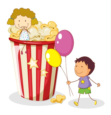 illustration of kids and popcorn on a white backgroundのイラスト素材