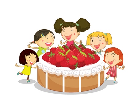 illustration of kids and cake on a white backgroundのイラスト素材