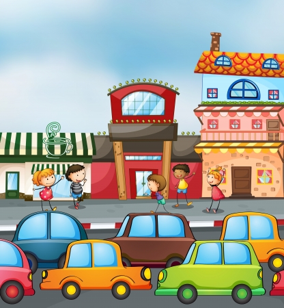 illustration of cars and kids on the roadのイラスト素材