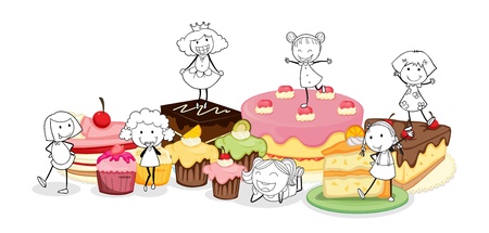 illustration of a various cakes and scetches of kids on a white backgroundのイラスト素材