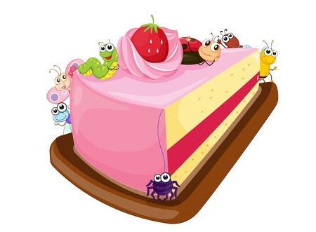 illustration of cake and various insects on a white backgroundのイラスト素材