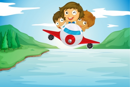 illustration of a kids and aeroplane in a beautiful natureのイラスト素材
