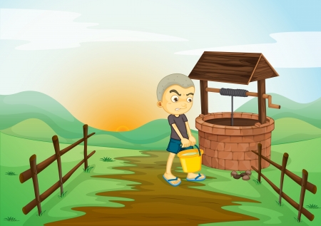 illustration of a boy and water well in a beautiful natureのイラスト素材