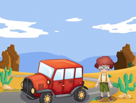 illustration of a jeep and boy in a natureのイラスト素材