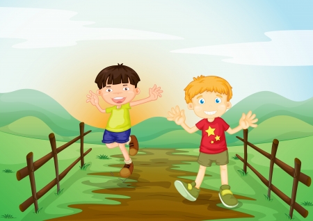 illustration of a boys and landcape in a beautiful natureのイラスト素材