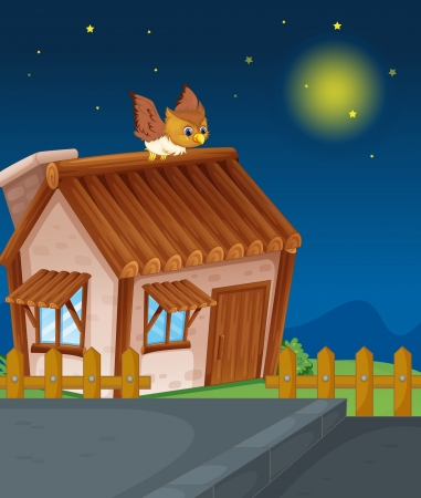 illustration of a house and owl in nightのイラスト素材