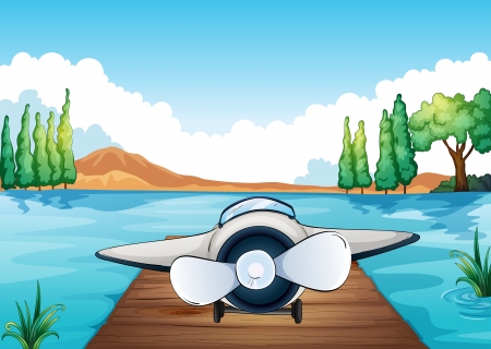 illustration of river, bench and aeroplane in a beautiful natureのイラスト素材