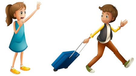 illustration of a boy, girl and suitcase on a white backgroundのイラスト素材