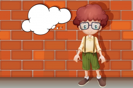 illustration of a young boy standing in front of wallのイラスト素材