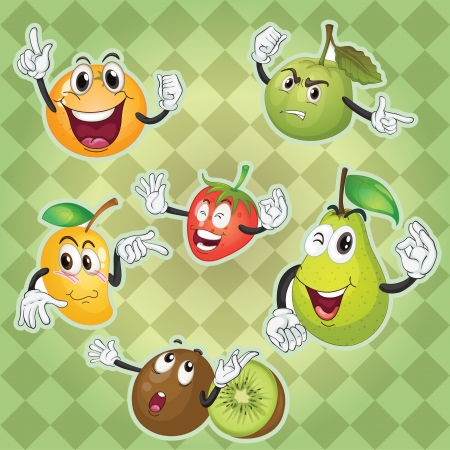 illustration of various fruits green checkered backgroundのイラスト素材
