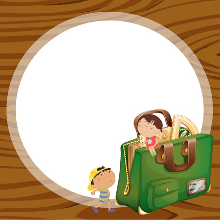 illustration of kids and school bag on a wooden backgoundのイラスト素材