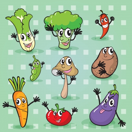 illustration of various vegetables on a green backgroundのイラスト素材