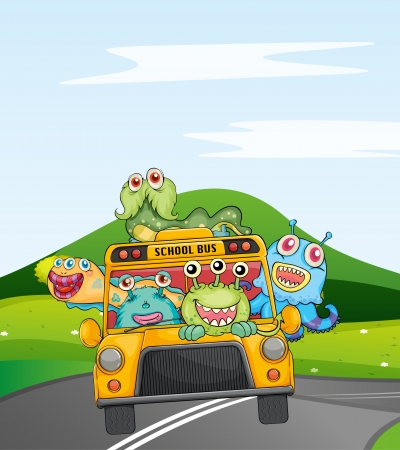 illustration of monsters in schoolbus on roadのイラスト素材