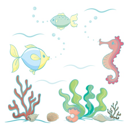illustration of various sea animals and plants on a white backgroundのイラスト素材