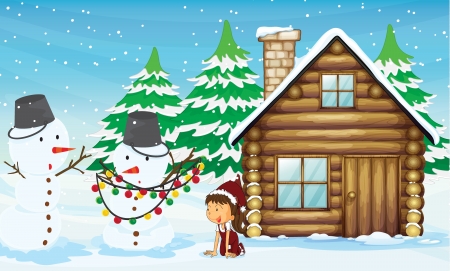 illustration of a snowman and a girl near a house in snowfallのイラスト素材