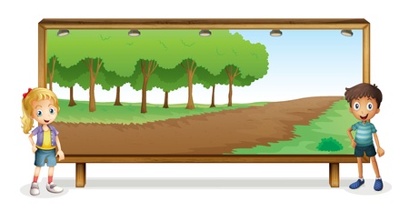 illustration of kids and a board on a white backgroundのイラスト素材