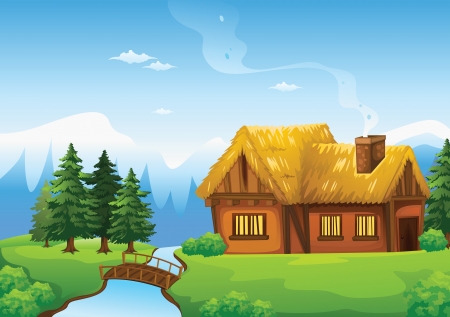 illustration of a house and bridge in beautiful natureのイラスト素材