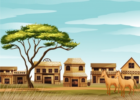 illustration of horses and a house in a beautiful natureのイラスト素材