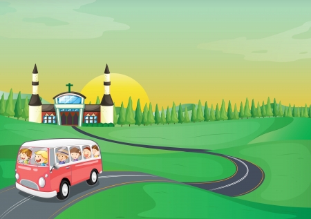 illustration of a bus and kids in a beautiful natureのイラスト素材