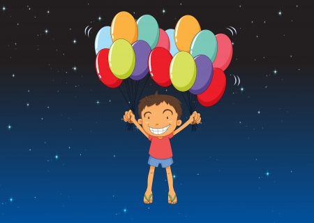 illustration of a boy and balloons in a dark nightのイラスト素材