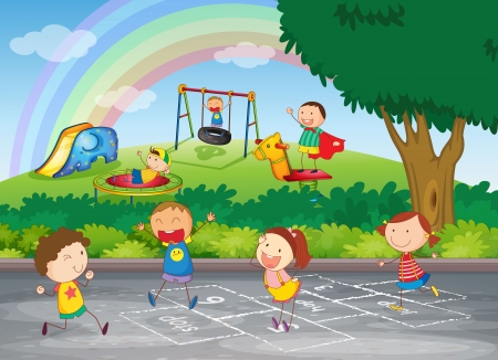 illustration of kids playing in a beautiful natureのイラスト素材